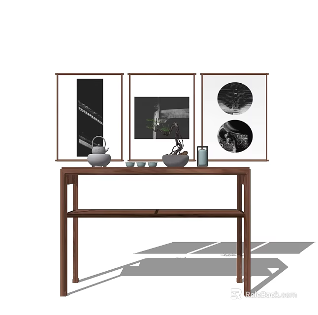 Stylish Console Table With Three Framed Artworks Tea Set Vase And Bottle 3d model