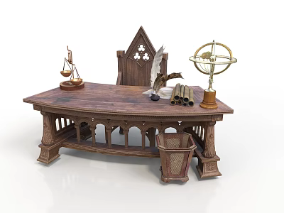 Antique Wooden Desk With Ornate Carved Design Eagle Statue Globe And Scrolls 3d model