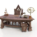 Antique Wooden Desk With Ornate Carved Design Eagle Statue Globe And Scrolls
