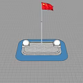Chinese national flag flies on flagpole with blue base green bushes and gray grid ground