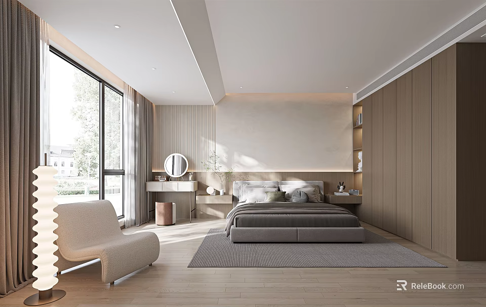 Modern Bedroom Interior Design With Large Windows Curtains Round Mirror Bed And Wooden Flooring 3d model 