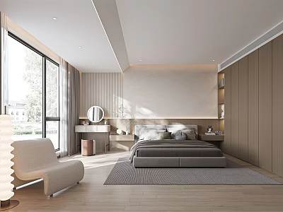 Modern Bedroom Interior Design With Large Windows Curtains Round Mirror Bed And Wooden Flooring 3d model
