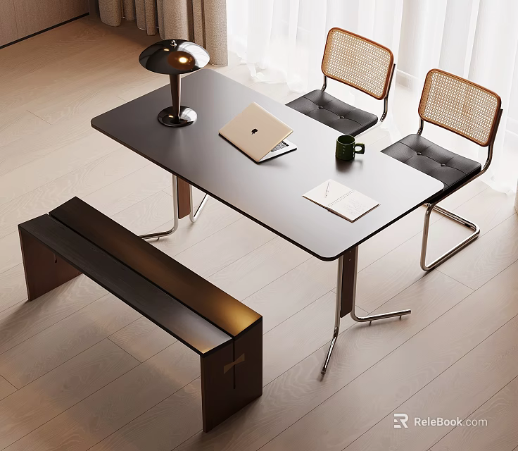 Modern Home Office Desk With Lamp Laptop Mug Notebook And Rattan Chairs 3d model 