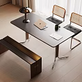 Modern Home Office Desk With Lamp Laptop Mug Notebook And Rattan Chairs