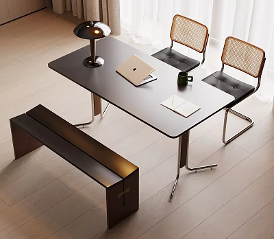 Modern Home Office Desk With Lamp Laptop Mug Notebook And Rattan Chairs 3d model