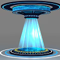 Futuristic Circular Display Shelf With Blue Halo Lighting And Illuminated Light Beam Base