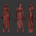 Female Character in Floral Traditional Costume Holding Sword with Modern Sneakers Three Angles