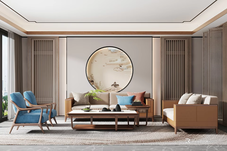 Elegant Traditional Chinese Living Room Interior With Circular Landscape Painting Wooden Sofa And Coffee Table 3d model 