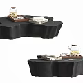 Black Irregular Shape Coffee Tables With Tea Set And Wooden Tray 3d model