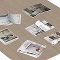 Open Interior Design Books Magazines On Wooden Table With Room Photos Furniture And Text