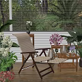Relaxing Outdoor Wicker Chair on Cozy Patio with Green Plants Flowers Lanterns and Side Table