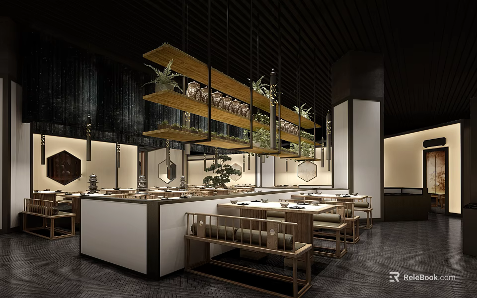 Modern Hotpot Restaurant Interior With Wooden Decor Hanging Lights And Dining Tables 3d model 