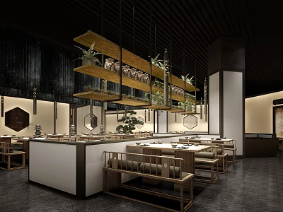Modern Hotpot Restaurant Interior With Wooden Decor Hanging Lights And Dining Tables 3d model