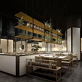 Modern Hotpot Restaurant Interior With Wooden Decor Hanging Lights And Dining Tables