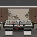 Traditional Chinese Living Room Interior with Decorative Painting Sofa Cushions and Wooden Lanterns
