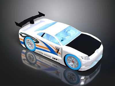 White Toy Race Car With Blue Orange Stripes Black Spoiler And Blue Wheels 3d model