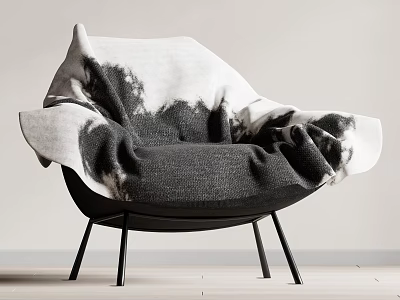 Modern Accent Chair Covered With Black White Ombre Throw Blanket And Sleek Black Metal Legs 3d model