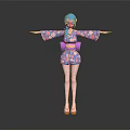 Anime Girl Character Wearing Floral Kimono With Purple Obi And Blue Hair