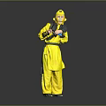 Yellow Costumed Character With Hood Black Belt Holding Blue Object Standing On Gray Background