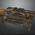 Wooden Carpentry Workbench Setup With Saw Hammer Chisel And Stacked Wooden Logs