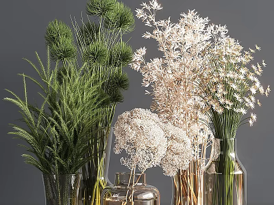 Transparent Glass Vase Arrangement With Green Plants And White Dried Flowers 3d model