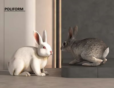 White And Gray Rabbits Facing Each Other Near Gray Wall And White Door 3d model