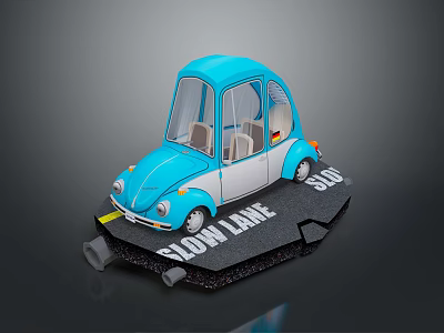 Blue Mini Car With Transparent Windows On Slow Lane 50 3d model