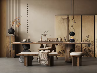 Quiet Ancient Style Tea Room Tea Table and Chair Combination Solid Wood Tea Table and Chair Tea Tasting Area Multi-person Tea Table and Chair Song Style New Chinese Style Tea Set Combination Screen Hanging Pot Flower Art 3d model