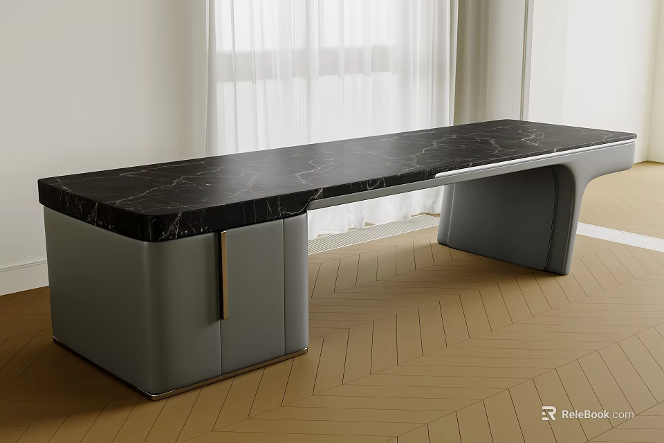 Modern Office Desk With Black Marble Top Gray Cabinet And Wooden Floor Near Window Curtains 3d model 