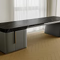 Modern Office Desk With Black Marble Top Gray Cabinet And Wooden Floor Near Window Curtains