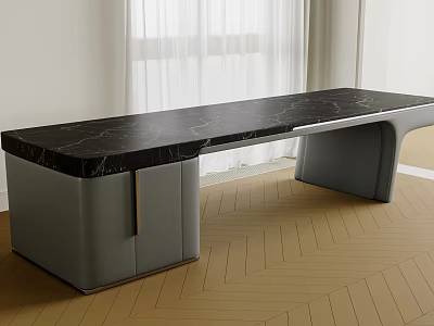 Modern Office Desk With Black Marble Top Gray Cabinet And Wooden Floor Near Window Curtains 3d model