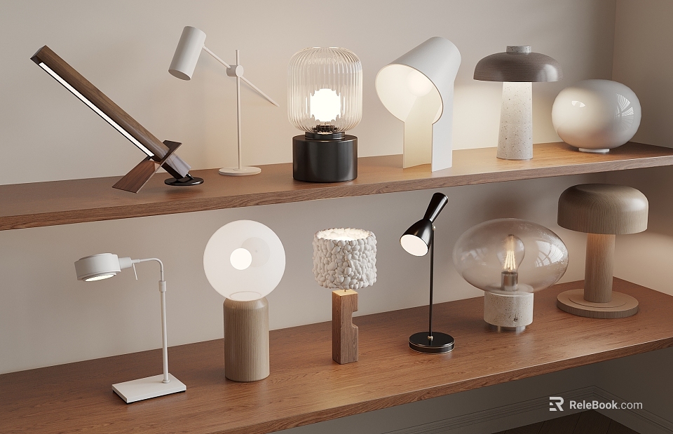 Modern Table Lamps on Wooden Shelves with Various Shapes and Materials 3d model 