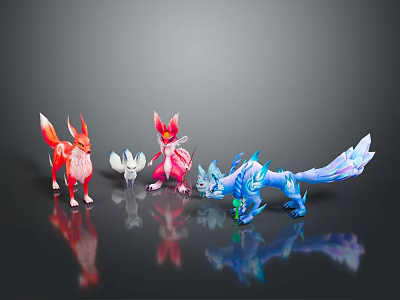 Colorful Fox And Dragon Like Fantasy Game Movie Character Models In Red White Pink Blue 3d model