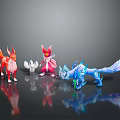 Colorful Fox And Dragon Like Fantasy Game Movie Character Models In Red White Pink Blue