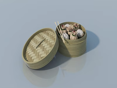 Traditional Bamboo Steamer With Open Lid Filled With Fresh Dumplings And Chopsticks 3d model
