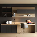 Modern Home Office Desk With Bookshelf Cabinet Table Lamp And Grey Chair