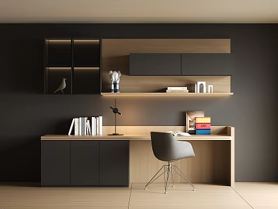 Modern Home Office Desk With Bookshelf Cabinet Table Lamp And Grey Chair 3d model
