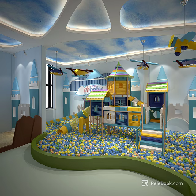 Colorful Kindergarten Play Area With Castle Structure Ball Pit And Hanging Airplane Decorations 3d model 