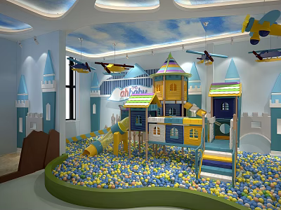 Colorful Kindergarten Play Area With Castle Structure Ball Pit And Hanging Airplane Decorations 3d model