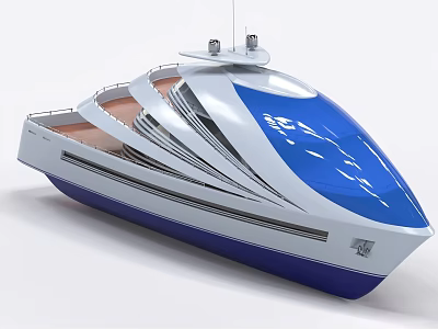 Modern Blue and White Yacht with Sleek Exterior and Upper Deck Structure 3d model