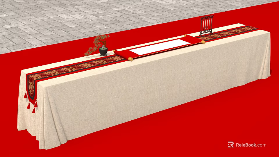Traditional Photo Check In Spot With Red Carpet Long Table Beige Tablecloth And Decorations 3d model 