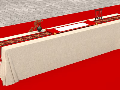 Traditional Photo Check In Spot With Red Carpet Long Table Beige Tablecloth And Decorations 3d model