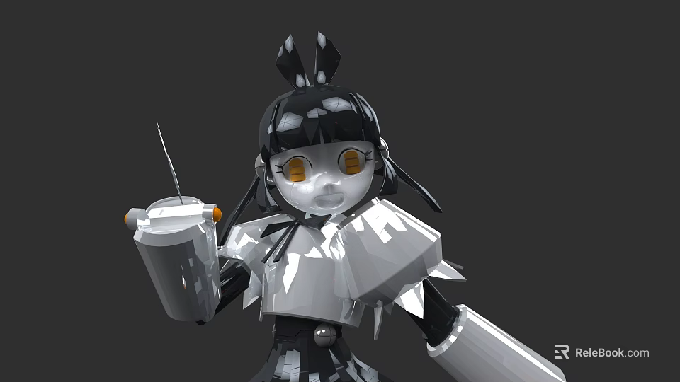 Female Robot Character With Black White Design Large Yellow Eyes Bow And Cup 3d model 