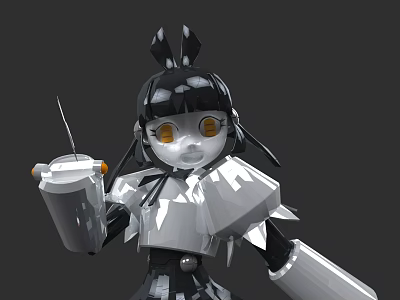 Female Robot Character With Black White Design Large Yellow Eyes Bow And Cup 3d model