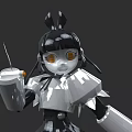 Female Robot Character With Black White Design Large Yellow Eyes Bow And Cup