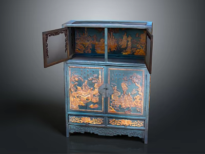 Traditional Blue And Gold Decorative Cabinet With Open Doors And Intricate Carvings 3d model