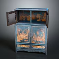 Traditional Blue And Gold Decorative Cabinet With Open Doors And Intricate Carvings