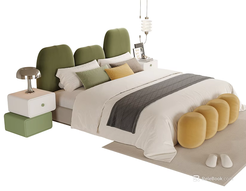 Cozy Kids Bed with Green Headboard White Sheets Gray Blanket and Yellow Cushions 3d model 