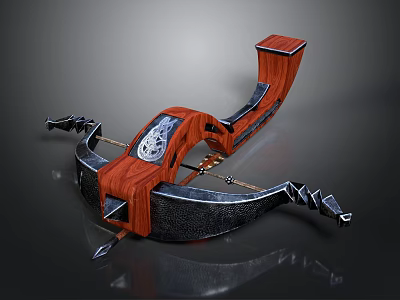 Ancient Red Wood And Metal Bow With Decorative Design And Arrow 3d model