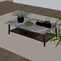 Elegant Coffee Table With Marble Top Potted Plant Tea Set Fruit Plate On Woven Rug